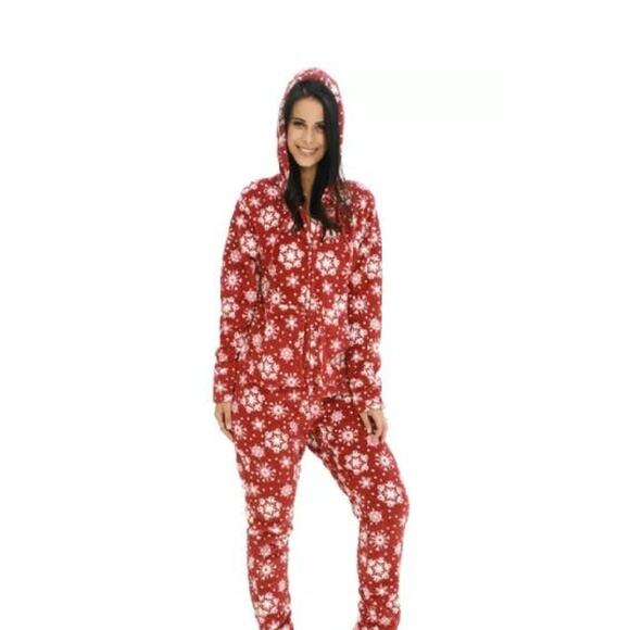 ALEXANDER DEL ROSSA Christmas Pajamas One Piece Hood Size S Women Snowflake Red - Picture 1 of 7